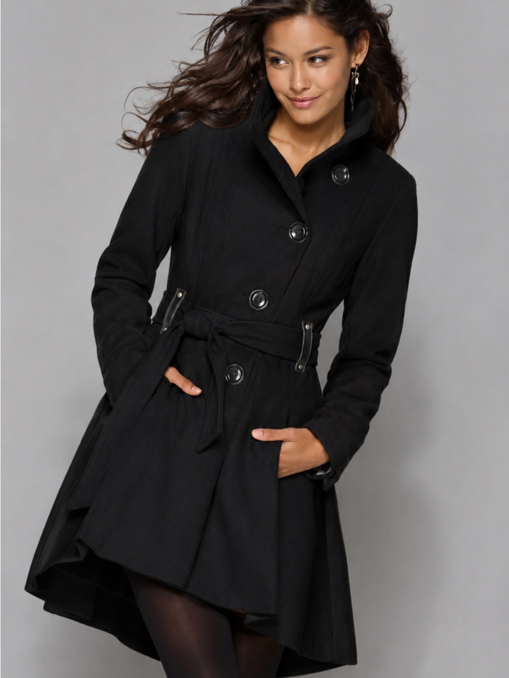 Steve Madden Wool Blend Belted Fit & Flare Coat Black Size S